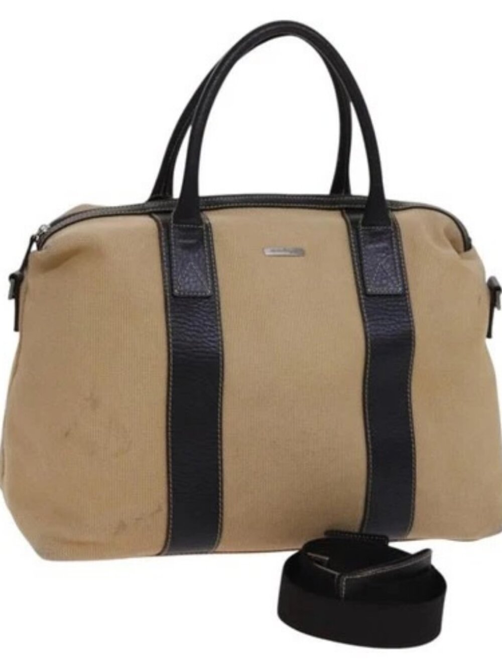 Salvatore Ferragamo Boston Bag Canvas Leather 2way Beige Silver Auth bs23541